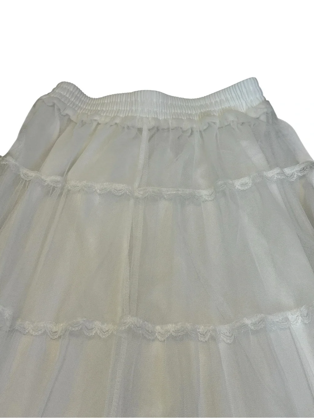 White Tulle Lace Tiered Midi Skirt Flowy Flare Cottagecore Feminine Coquette